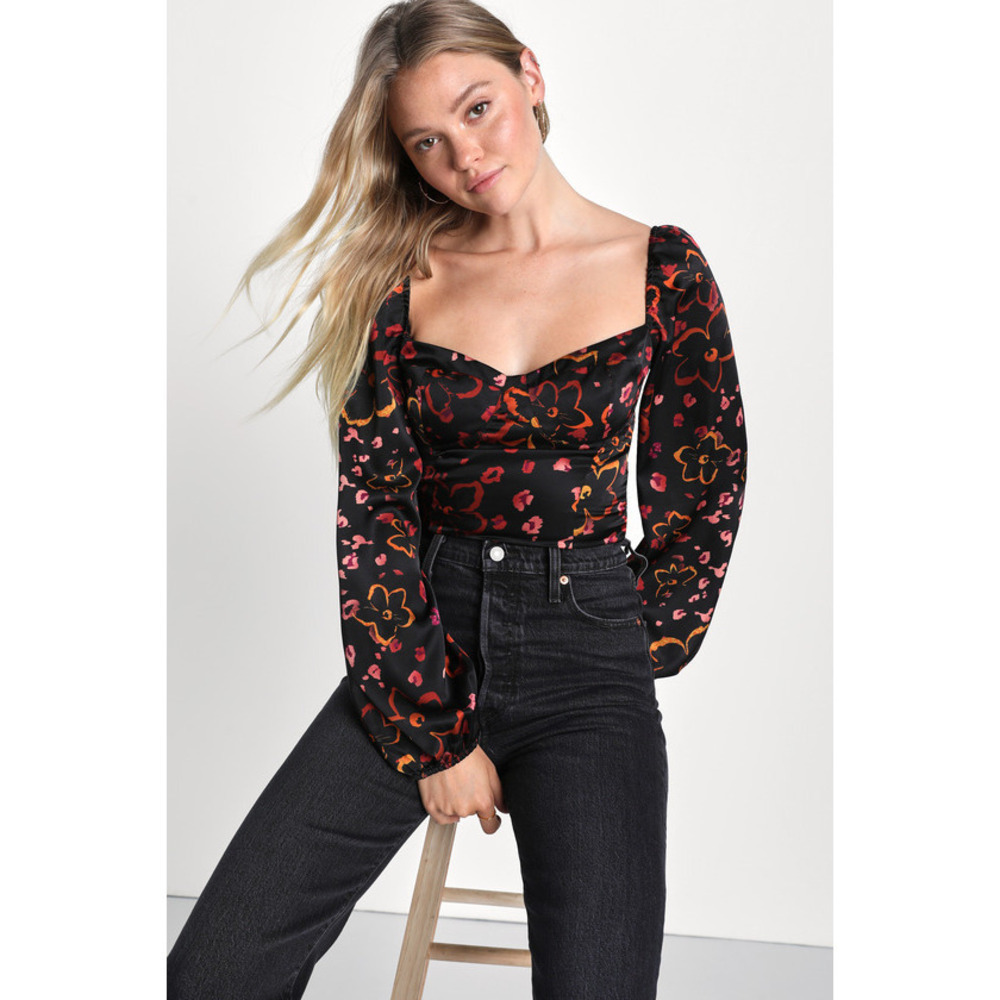 Womens Sweet Impulse Black Floral Satin Long Sleeve Bustier Crop Top XS